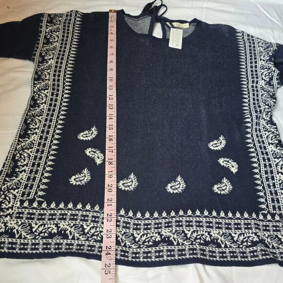 NWT Jacqueline B Cotton Sweater L Navy Blue Paisley Printed Tie Neck Long Sleeve - Picture 4 of 7